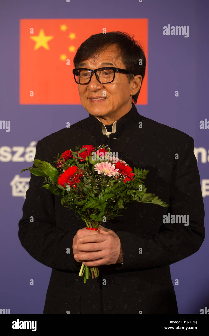 Budapest, Hungary. 23rd Apr, 2017. Movie star Jackie Chan attends the opening ceremony of the 2017 Chinese Film Festival at the Urania National Film Theater in Budapest, Hungary, on April 23, 2017. The 2017 Chinese Film Festival started here on Sunday with the presence of world famous film star Jackie Chan and five movies, one of which is Jackie Chan's latest production 'Kung Fu Yoga'. Credit: Attila Volgyi/Xinhua/Alamy Live News Stock Photo