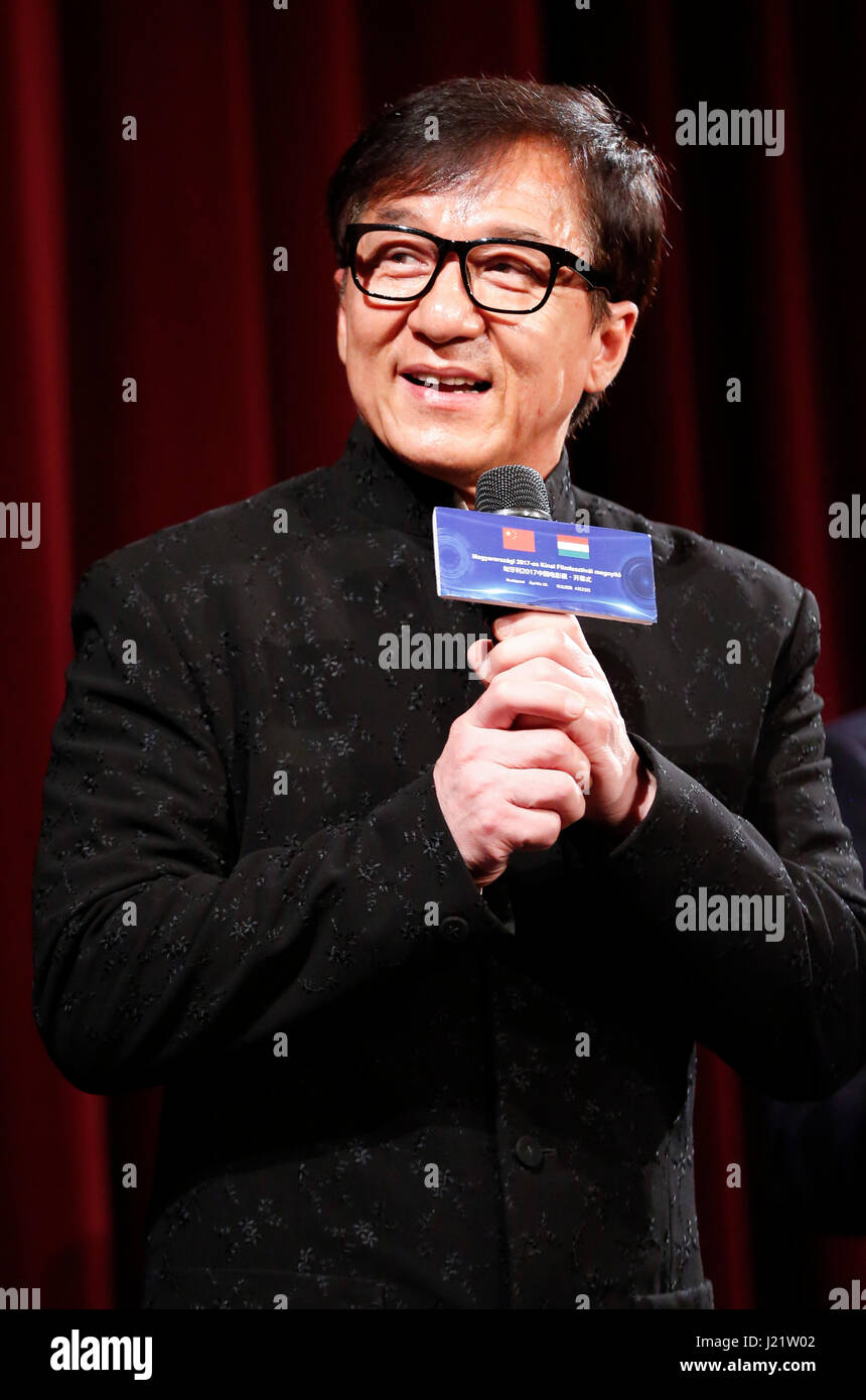 Budapest, Hungary. 23rd Apr, 2017. Movie star Jackie Chan introduces film 'Kung Fu Yoga' during the opening ceremony of the 2017 Chinese Film Festival at the Urania National Film Theater in Budapest, Hungary, on April 23, 2017. The 2017 Chinese Film Festival started here on Sunday with the presence of world famous film star Jackie Chan and five movies, one of which is Jackie Chan's latest production 'Kung Fu Yoga'. Credit: Ye Pingfan/Xinhua/Alamy Live News Stock Photo