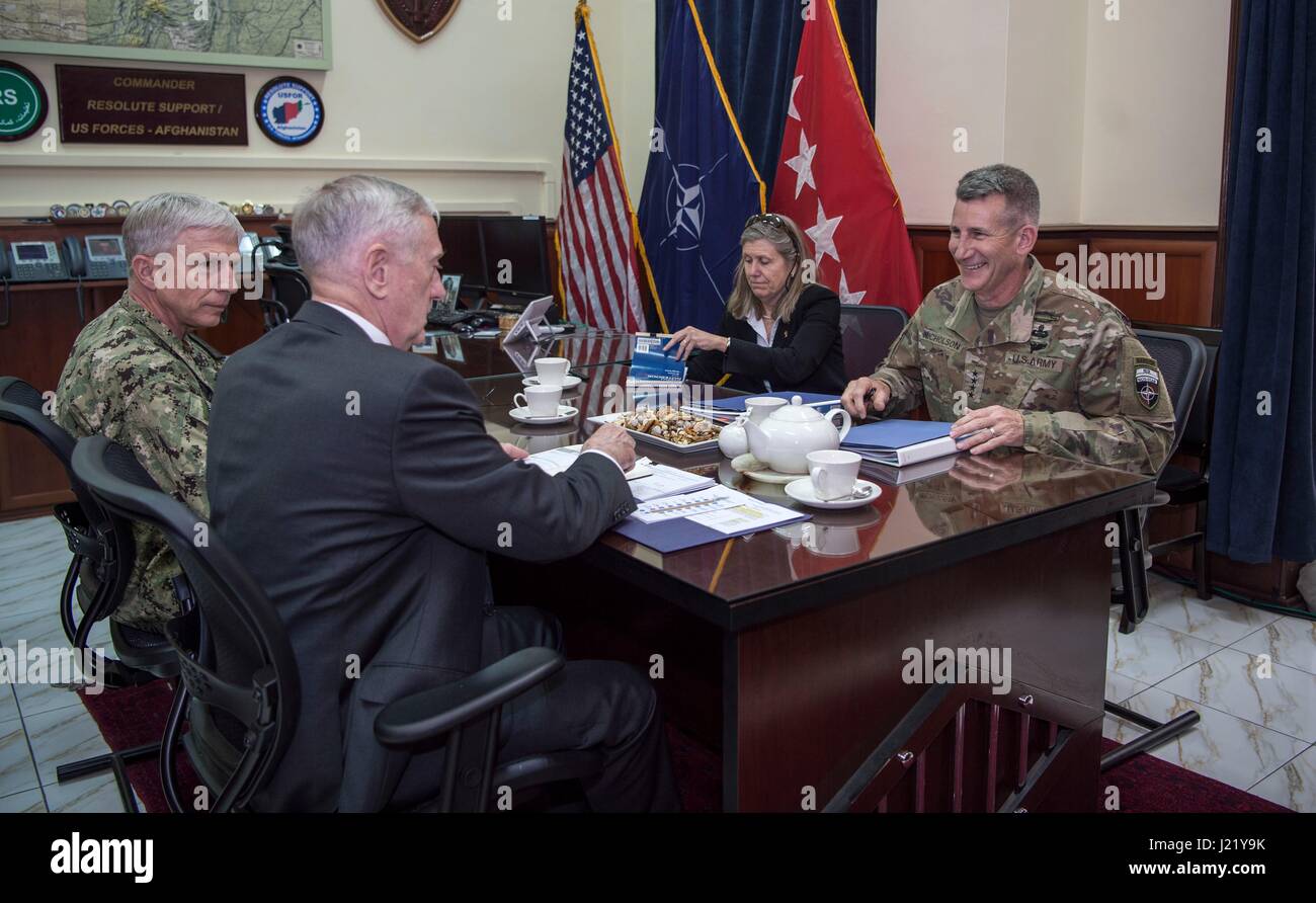 Kabul, Afghanistan. 24th April, 2017. U.S. Secretary of Defense James Mattis meets with U.S. Army Gen. John Nicholson, commander of Resolute Support, at the Resolute Support Headquarters April 24, 2017 in Kabul, Afghanistan. Credit: Planetpix/Alamy Live News Stock Photo