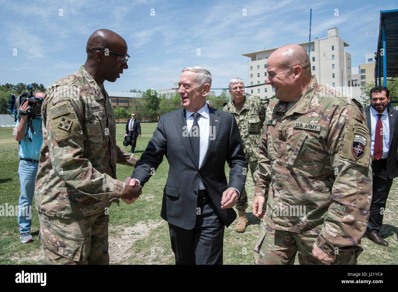 Kabul, Afghanistan. 24th April, 2017. U.S. Secretary of Defense James Mattis is greeted at Resolute Support Headquarters by U.S. Army Command Sgt. Maj David Clark, left, and U.S. Army Maj. Gen. Christopher Haas April 24, 2017 in Kabul, Afghanistan. Credit: Planetpix/Alamy Live News Stock Photo