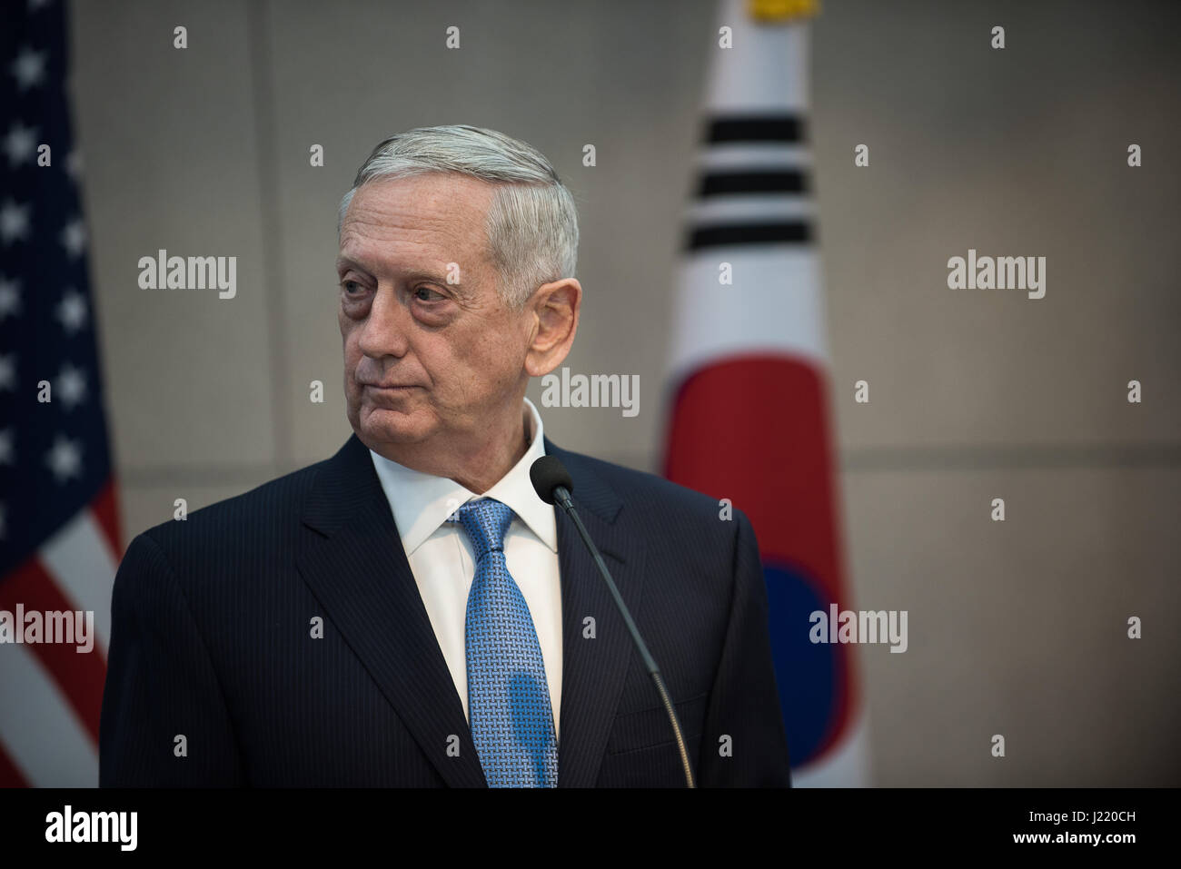 U.S. Secretary of Defense James Mattis speaks during a press conference at the Korean Ministry of National Defense February 3, 2017 in Seoul, South Korea.     (photo by Amber I. Smith/DoD via Planetpix) Stock Photo