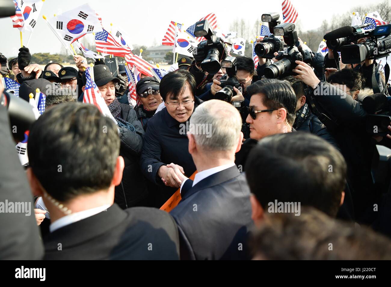 U.S. Secretary of Defense James Mattis shakes hands with South Koreans outside of the Seoul National Cemetery February 2, 2017 in Seoul, South Korea.     (photo by Amber I. Smith/DoD via Planetpix) Stock Photo