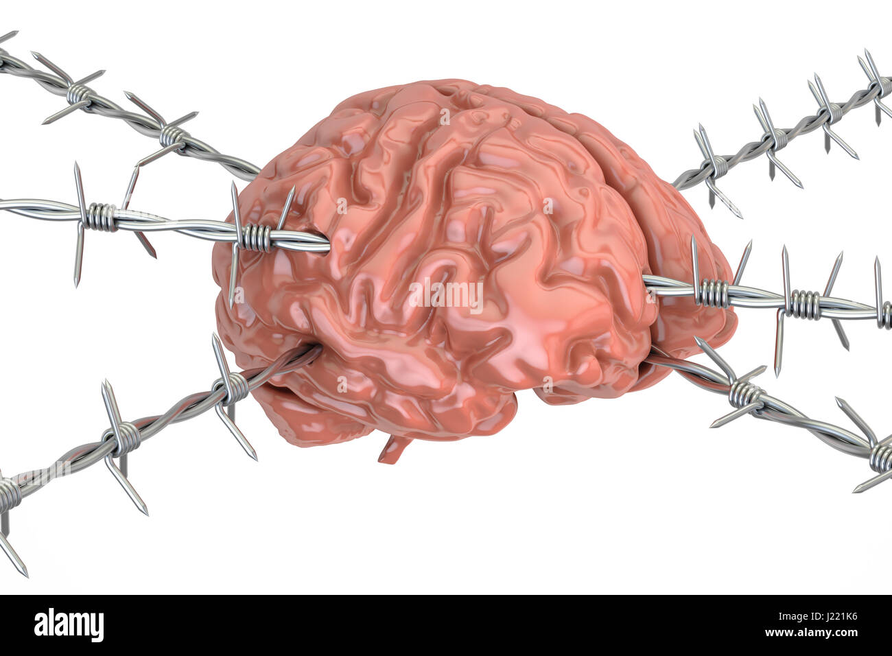 Human Brain pierced with barbed wire, 3D rendering isolated on white background Stock Photo