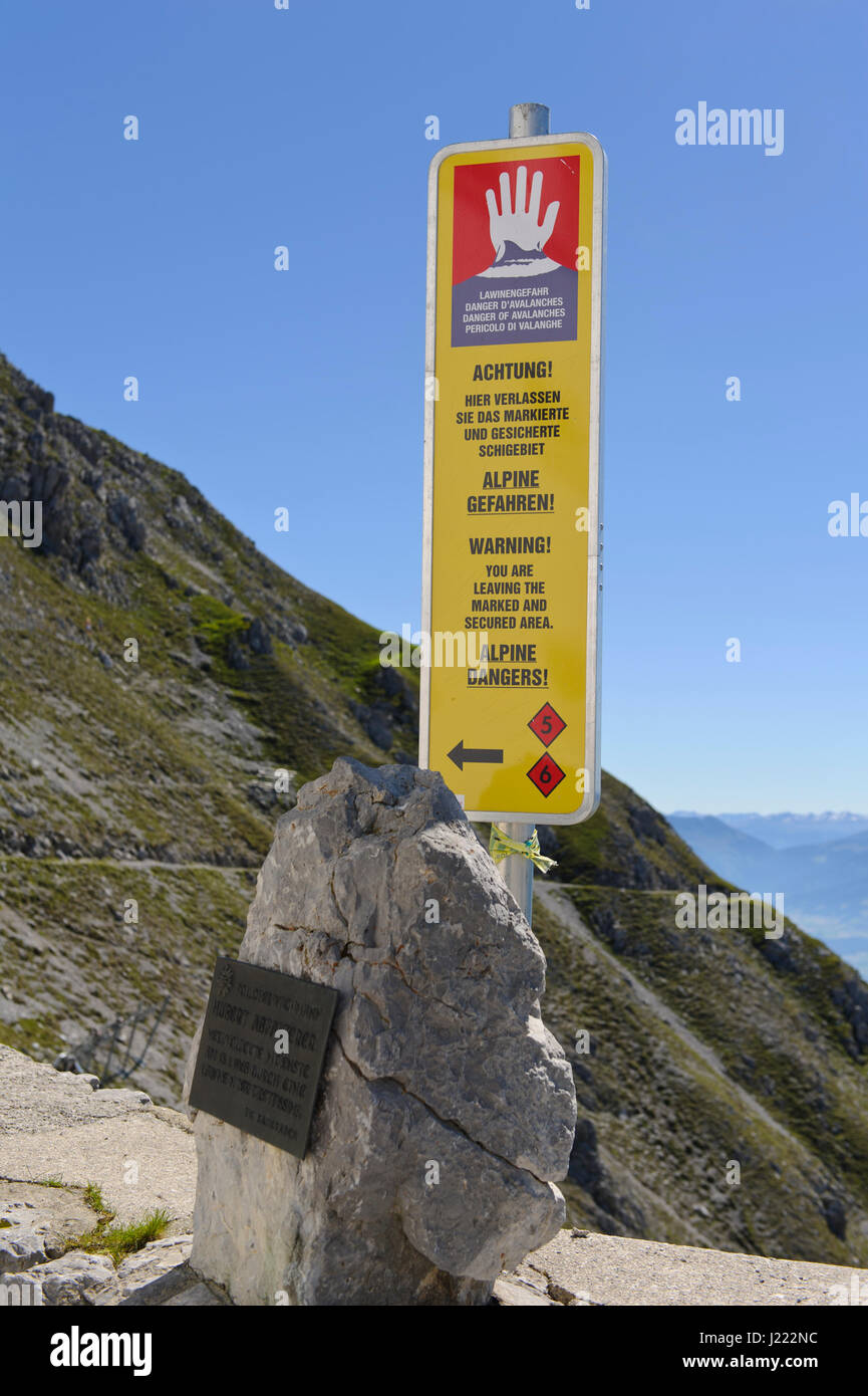 A yellow Public Safety warning sign on the mountain, Hefelefar, Tirol, Austria Stock Photo