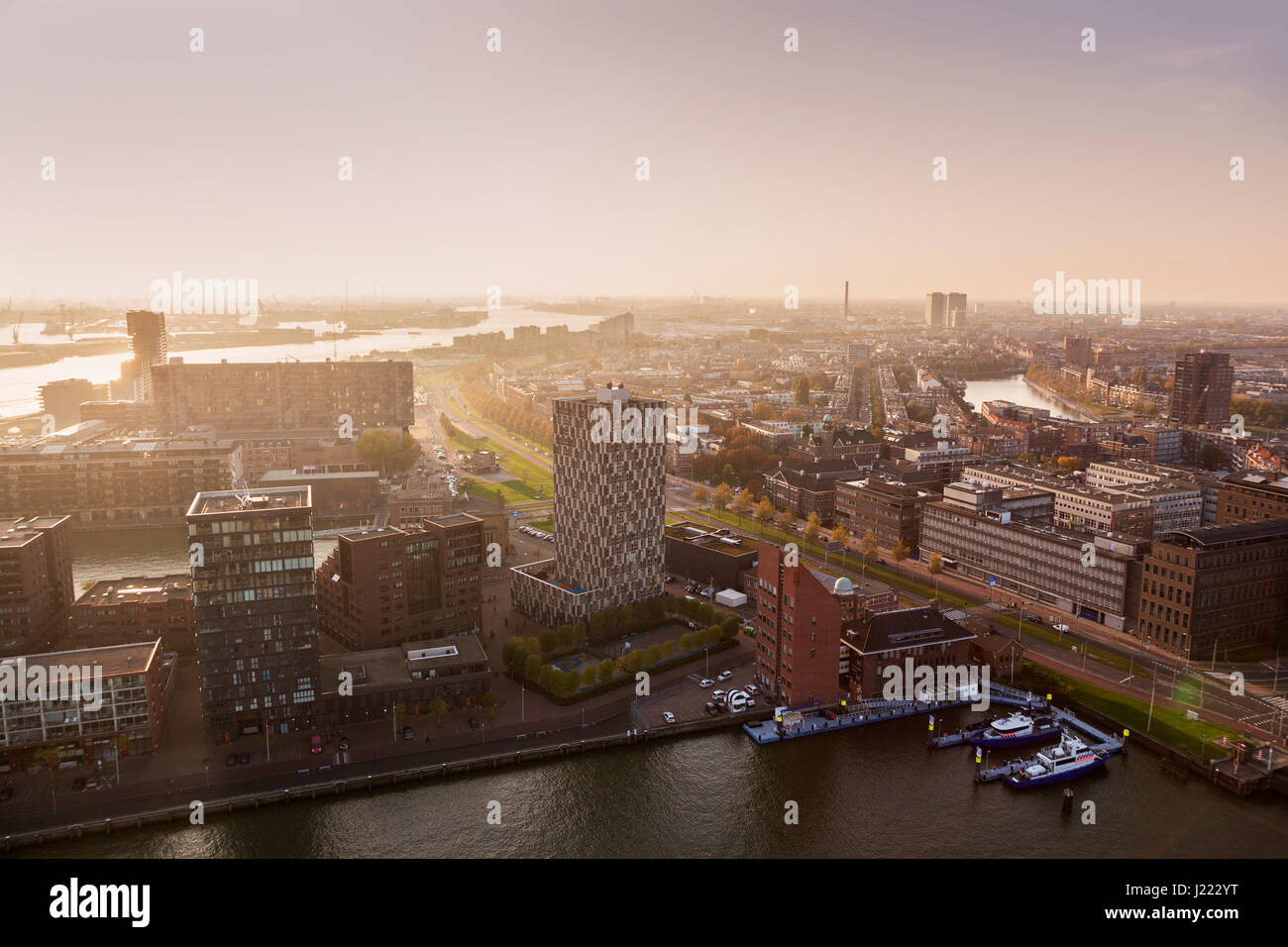 Aerial panorama of Rotterdam at sunset. Rotterdam, South Holland, Netherlands. Stock Photo