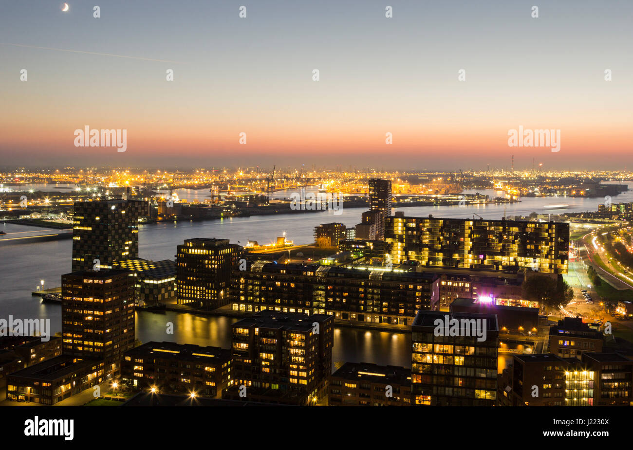 Aerial panorama of port in Rotterdam. Rotterdam, South Holland, Netherlands. Stock Photo