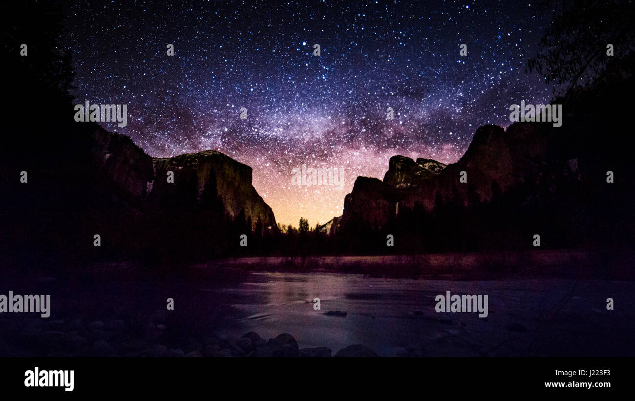 Milky Way at Valley View, Yosemite National Park, California Stock Photo