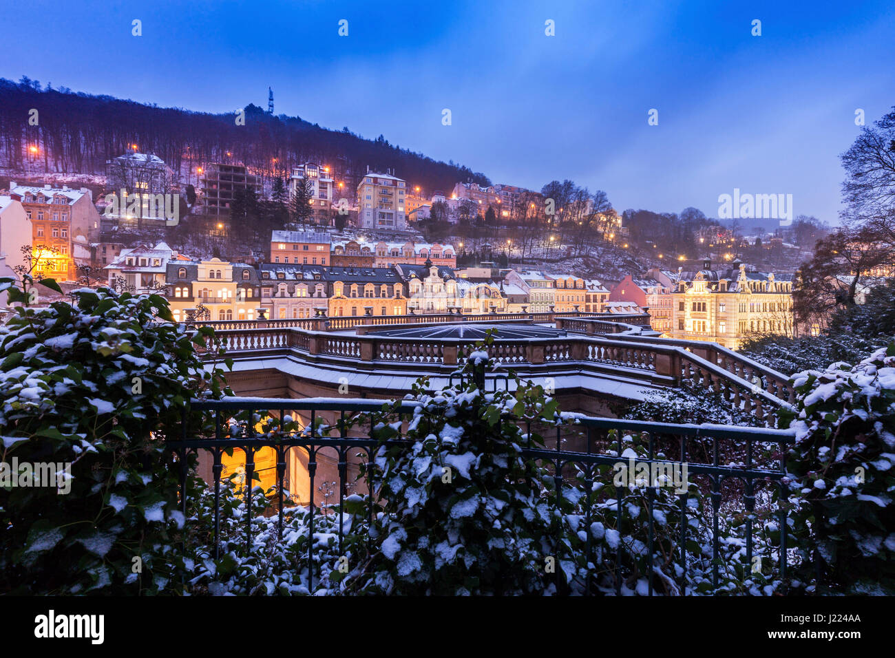 Winter in Karlovy Vary. Karlovy Vary (Carlsbad), Bohemia, Czech Republic. Stock Photo
