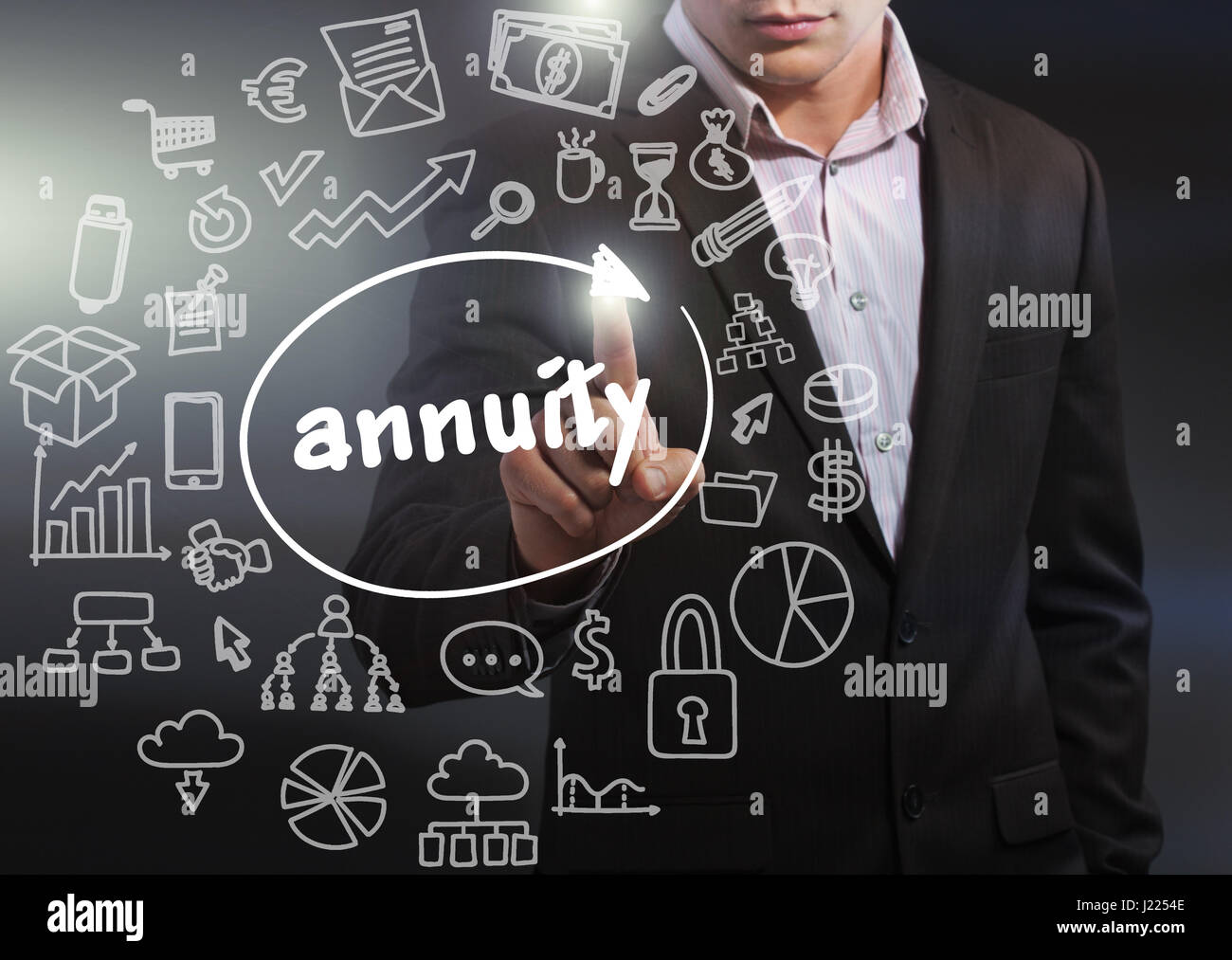 Business, Technology, Internet and network concept. Business man working on the tablet of the future, select on the virtual display: Annuity Stock Photo