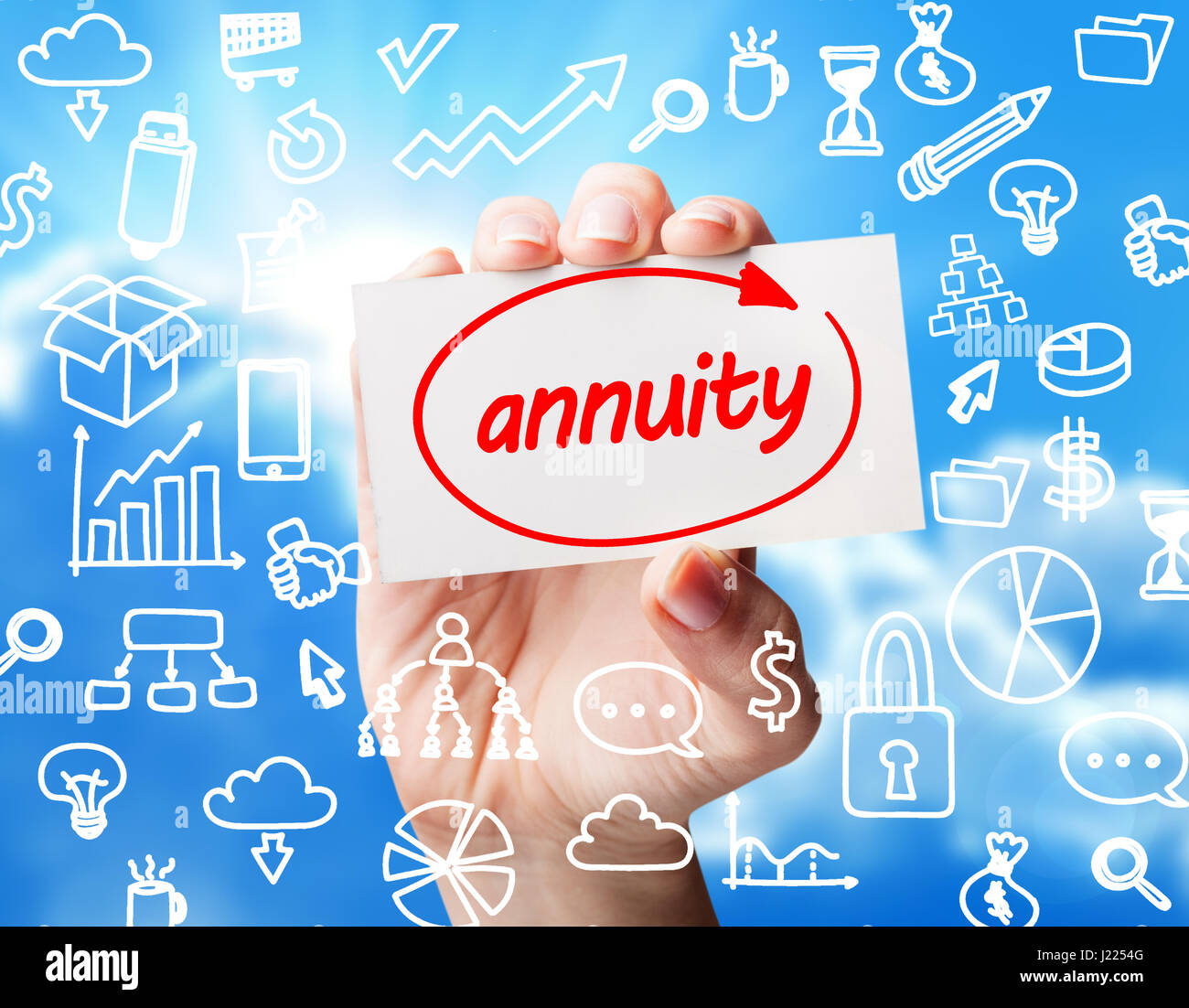 Technology, internet, business and marketing. Young business woman writing word:  Annuity Stock Photo