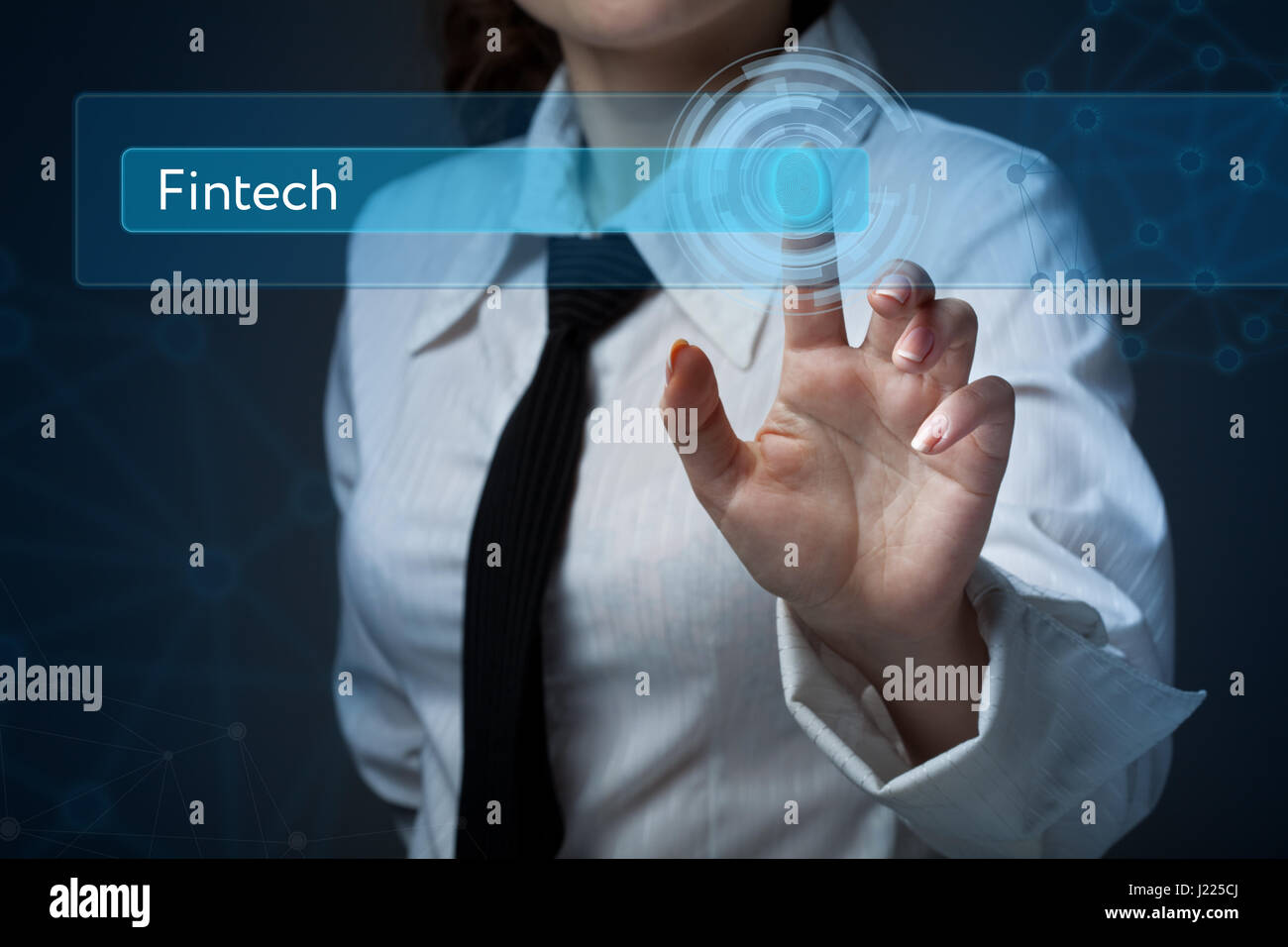 Business, technology, internet and networking concept. Business woman presses a button on the virtual screen: Fintech Stock Photo