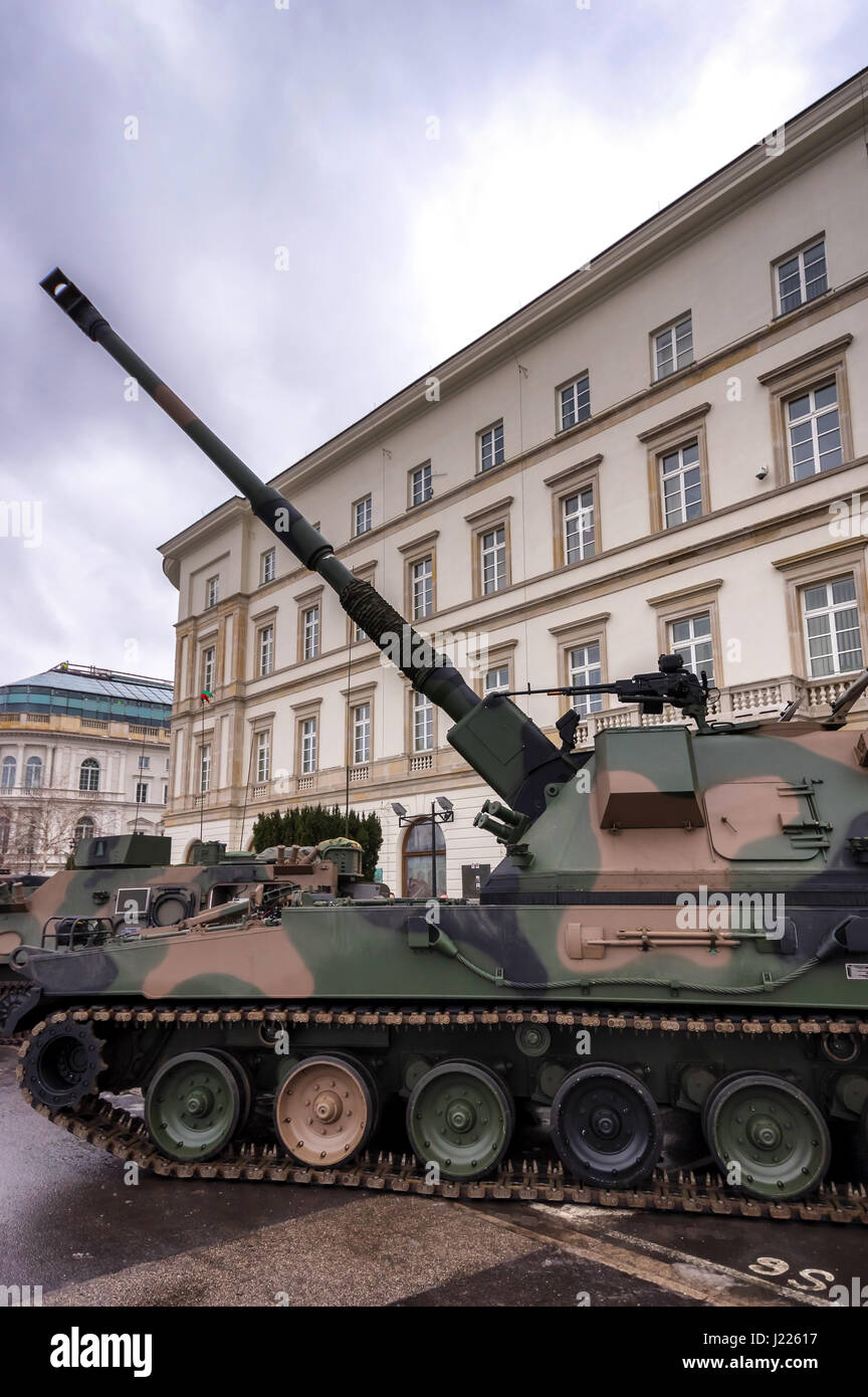 Modern Polish self-propelled 155 mm howitzer used by the Armed Forces of the Republic of Poland - Warsaw, Poland. Stock Photo