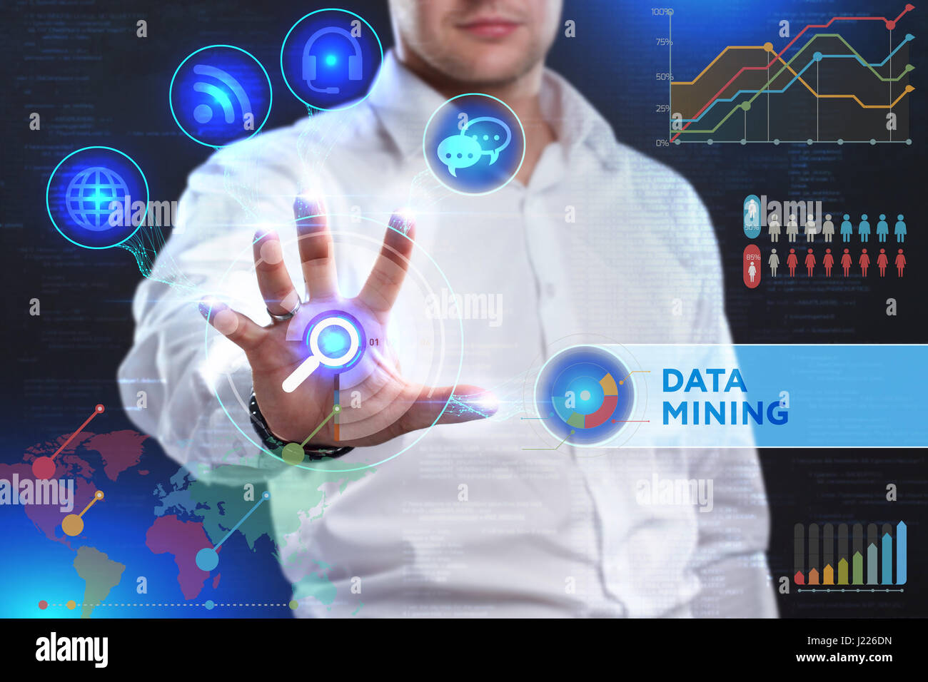 Business, Technology, Internet and network concept. Business man working on the tablet of the future, select on the virtual display: DATA MINING Stock Photo