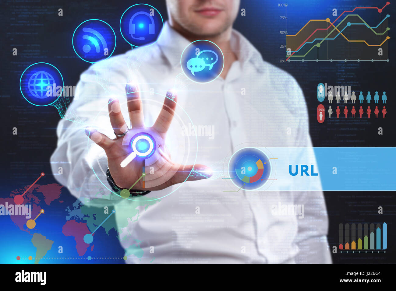 Business, Technology, Internet and network concept. Business man working on the tablet of the future, select on the virtual display: URL Stock Photo