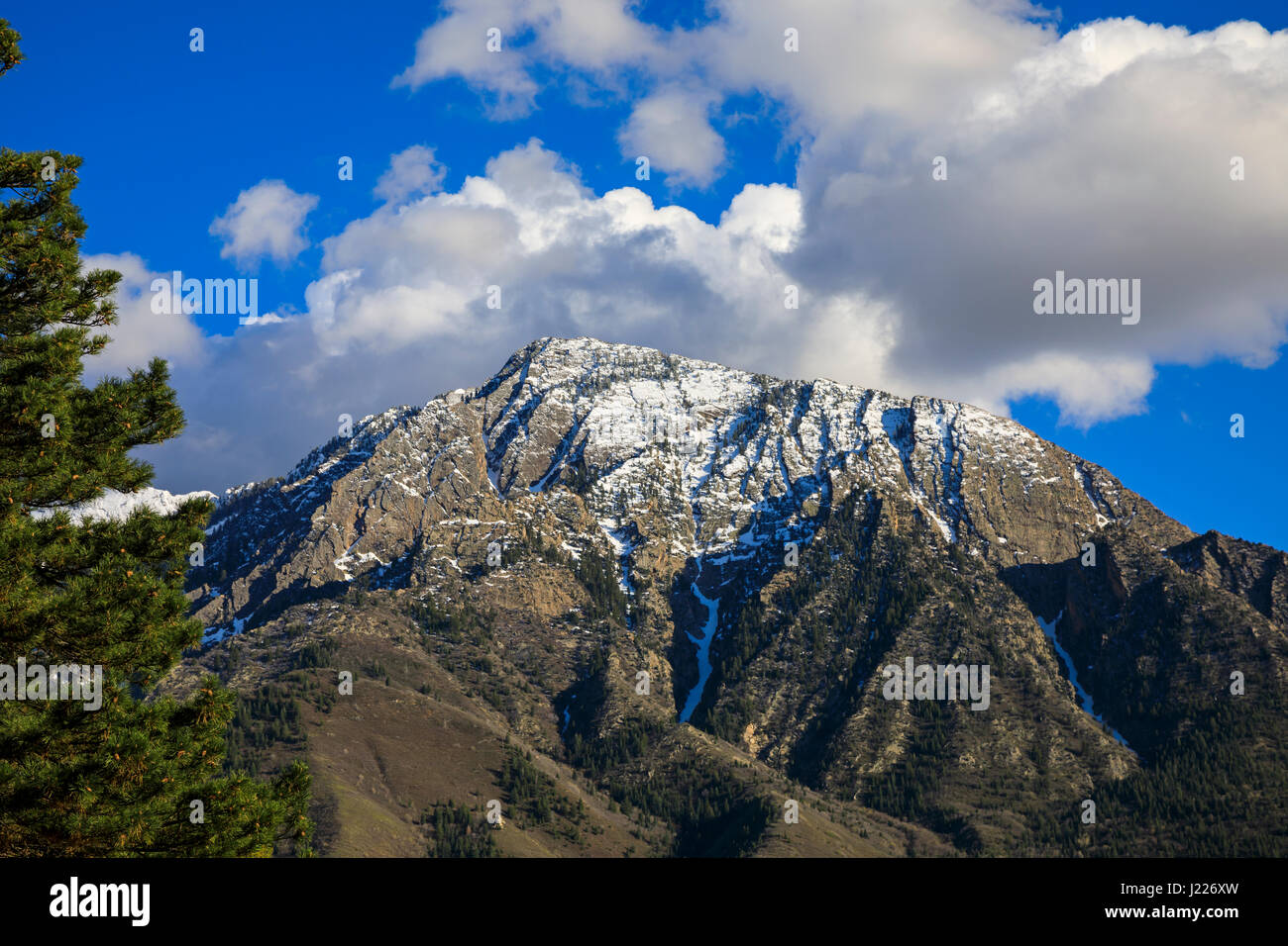 This is a view of Mount Olympus, a landmark mountain on the east side of the Salt Lake Utah, Utah, USA. Stock Photo