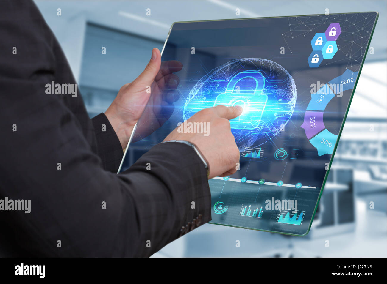 Business Technology Internet and network concept. Young businessman shows the on the virtual display of the future Stock Photo