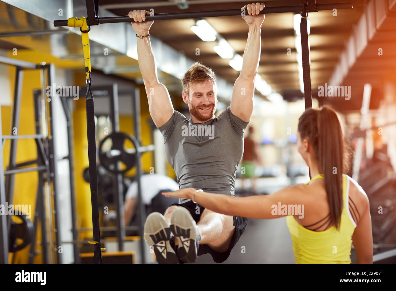 Female and male compete in endurance on fitness training Stock Photo