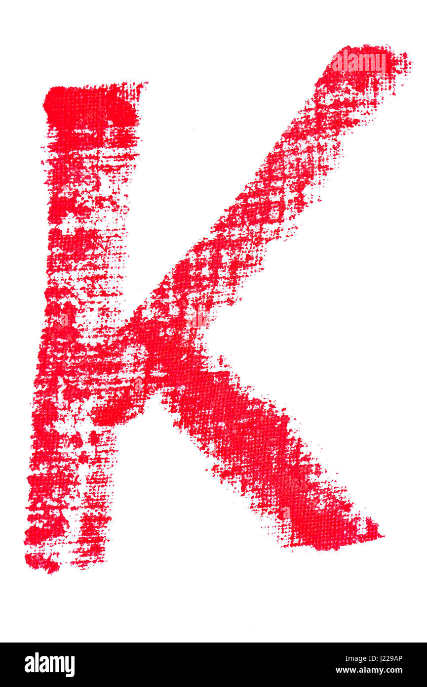 isolated uppercase letter K made of red lipstick with fabric texture Stock Photo