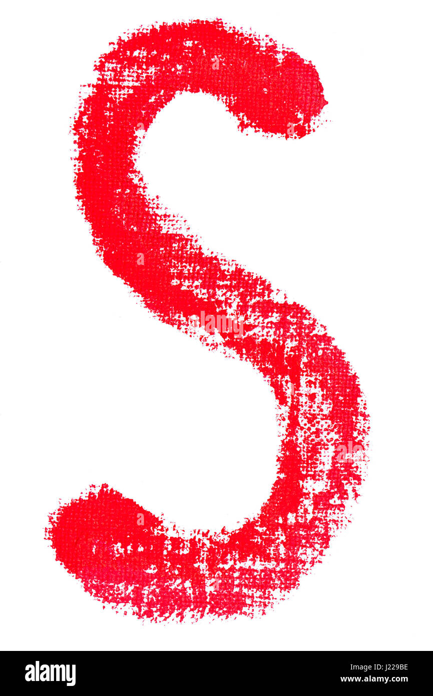 isolated uppercase letter S made of red lipstick with fabric texture Stock Photo