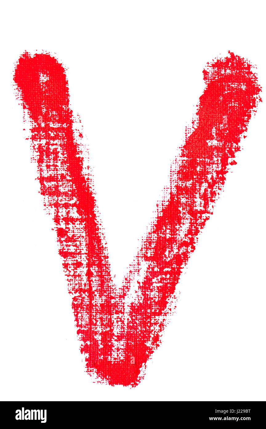 isolated uppercase letter V made of red lipstick with fabric texture Stock Photo