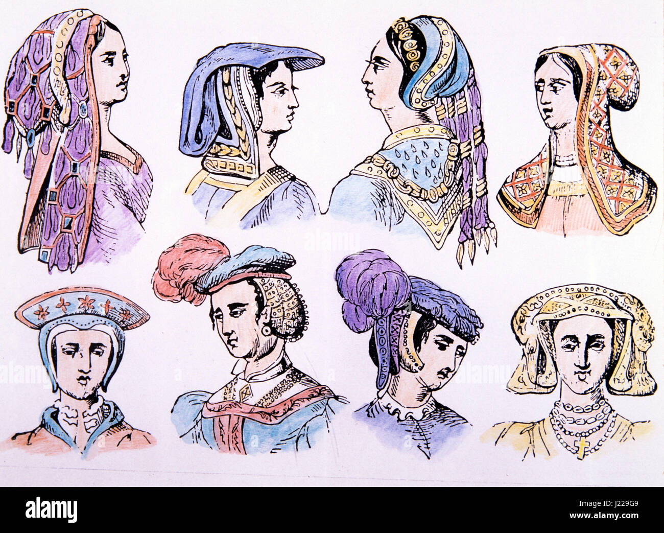 16th century Ladies hats.  From Old English engravings. Stock Photo