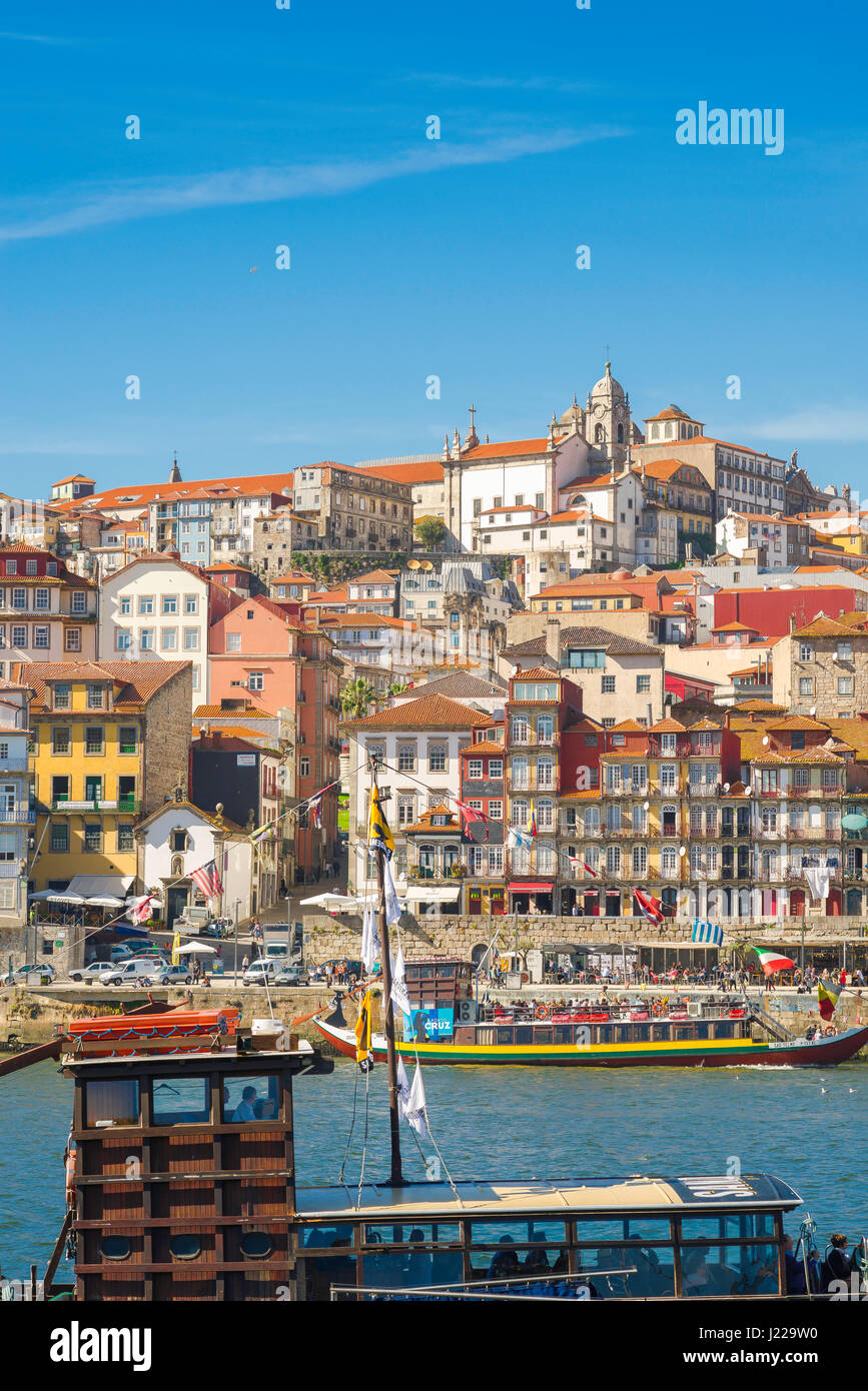 Porto Portugal Ribeira, view of the old town Ribeira district's densely packed historic buildings rising above the Douro river in Porto, Europe. Stock Photo