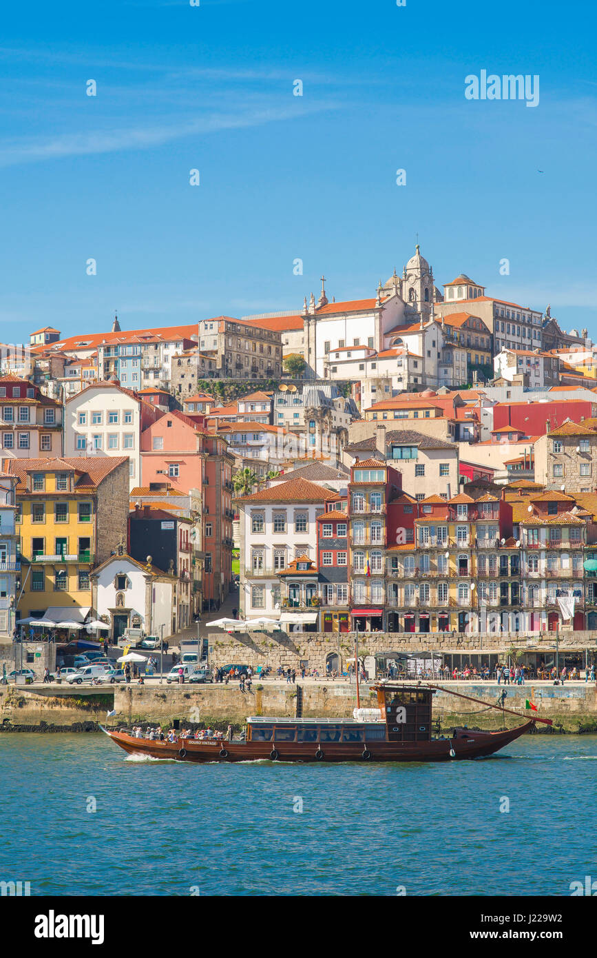 Porto Portugal Ribeira, view of the old town Ribeira district's densely packed historic buildings rising above the Douro river in Porto, Europe. Stock Photo