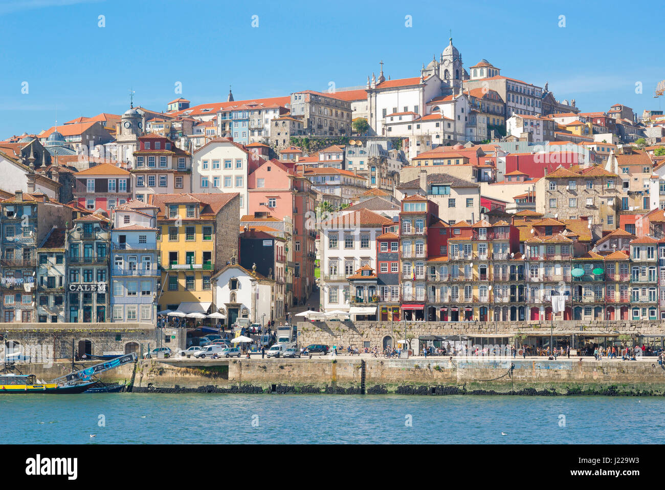 Porto Portugal cityscape, view of the old town Ribeira district's densely packed historic buildings rising above the Douro river in Porto, Europe. Stock Photo