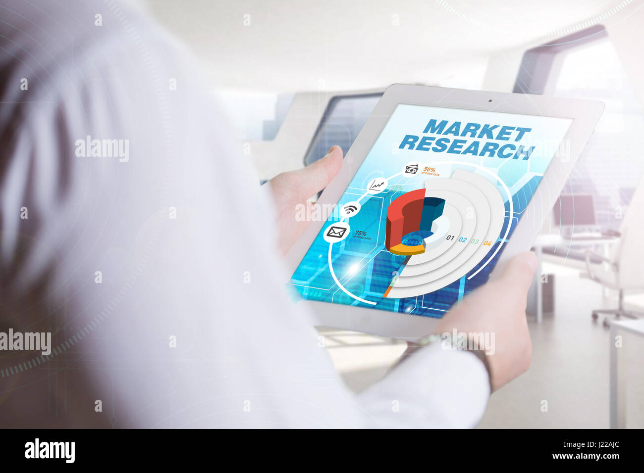 Business, Technology, Internet and network concept. Young business man, working on the tablet of the future, select on the virtual display: Market Res Stock Photo