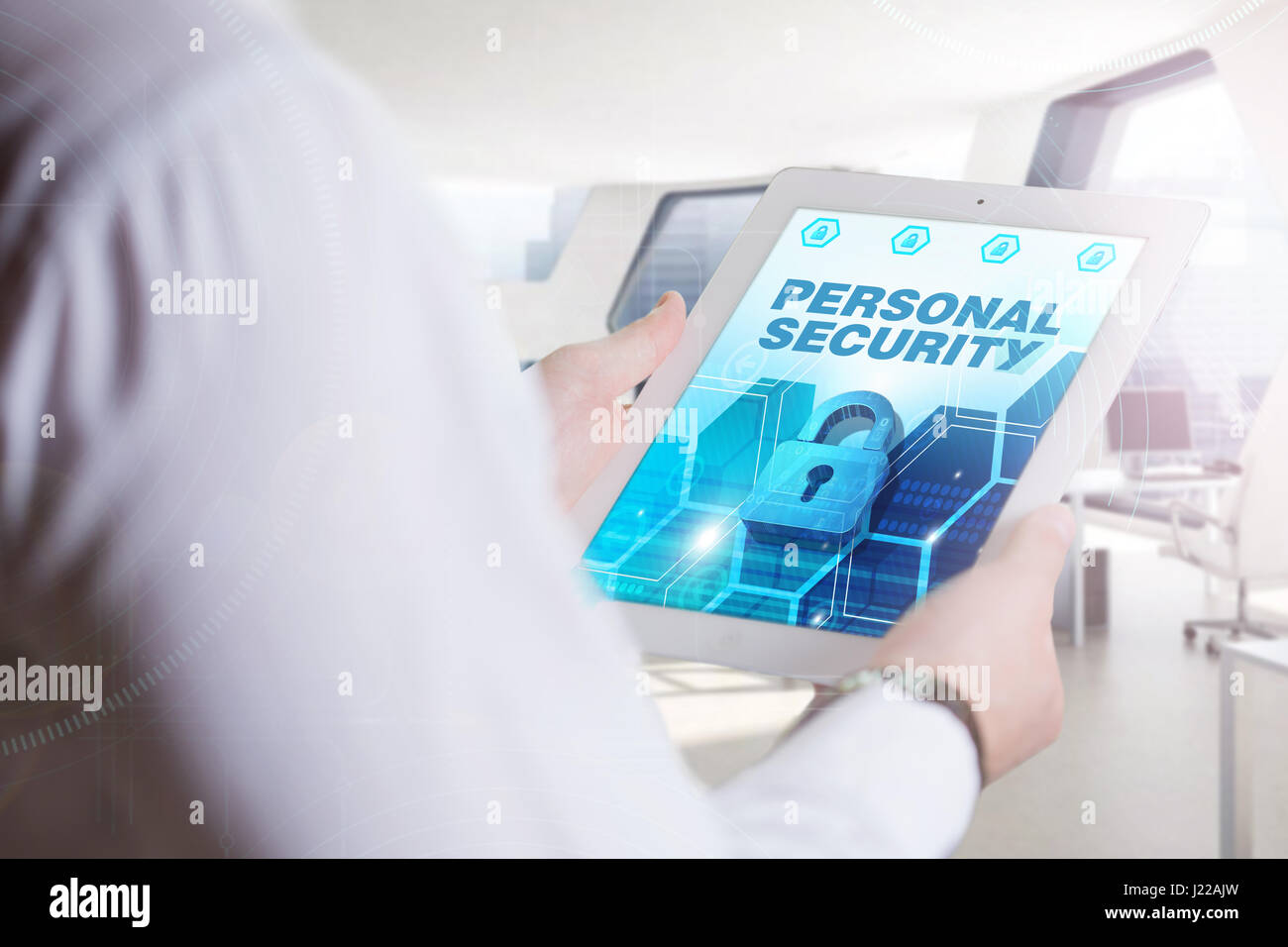 Business, Technology, Internet and network concept. Young business man, working on the tablet of the future, select on the virtual display: Personal S Stock Photo