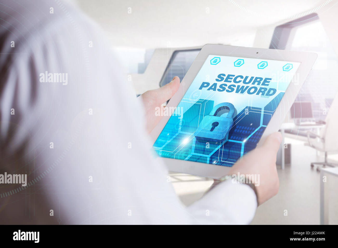 Business, Technology, Internet and network concept. Young business man, working on the tablet of the future, select on the virtual display: Security P Stock Photo