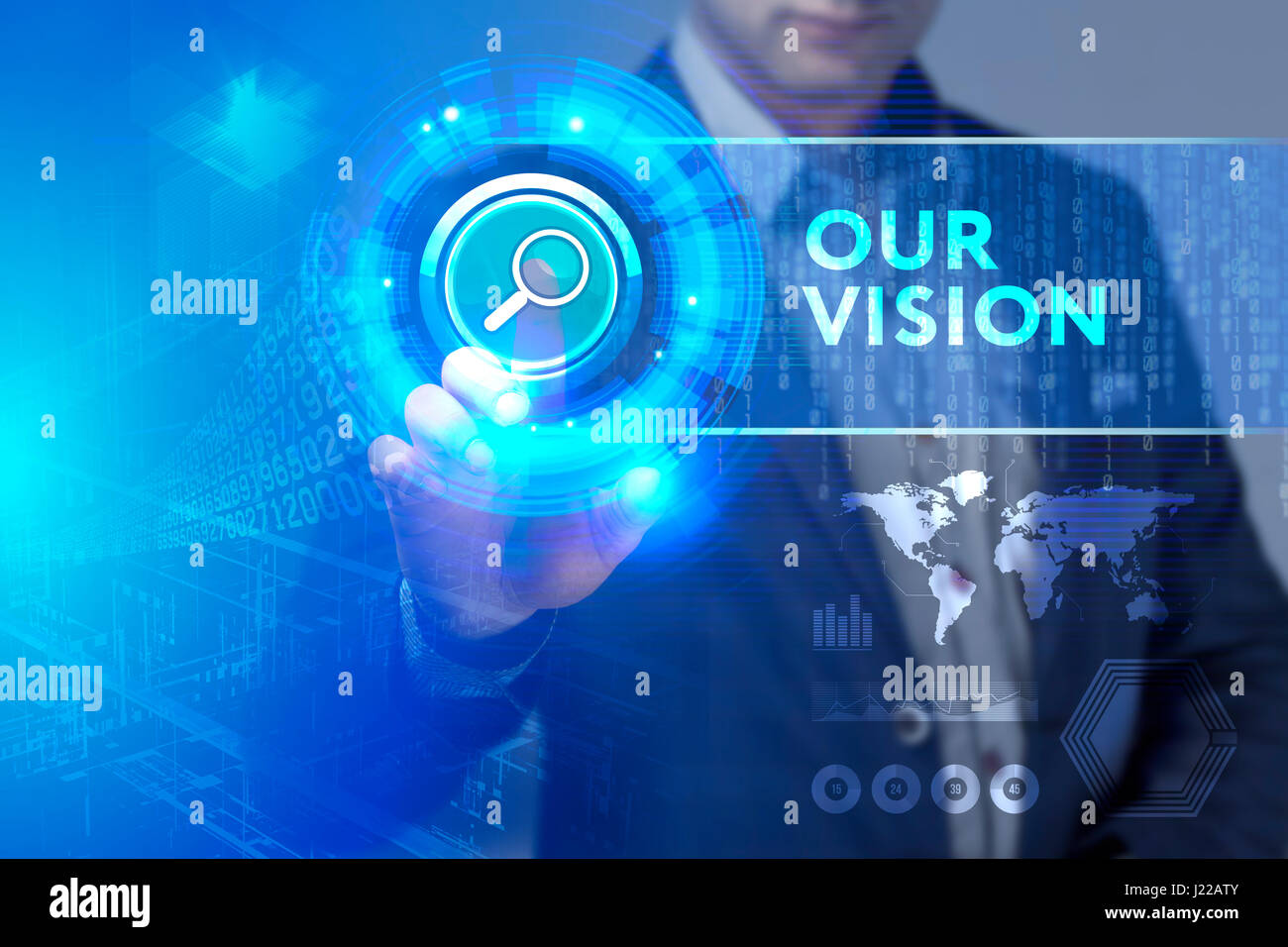 Business, Technology, Internet and network concept. Business man working on the tablet of the future, select on the virtual display: Our vision Stock Photo
