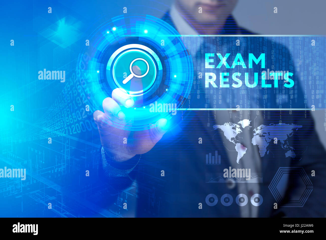 Business, Technology, Internet and network concept. Business man working on the tablet of the future, select on the virtual display: Exam results Stock Photo
