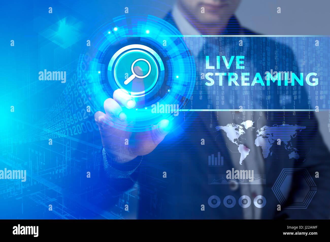Business, Technology, Internet and network concept. Business man working on the tablet of the future, select on the virtual display: Live streaming Stock Photo