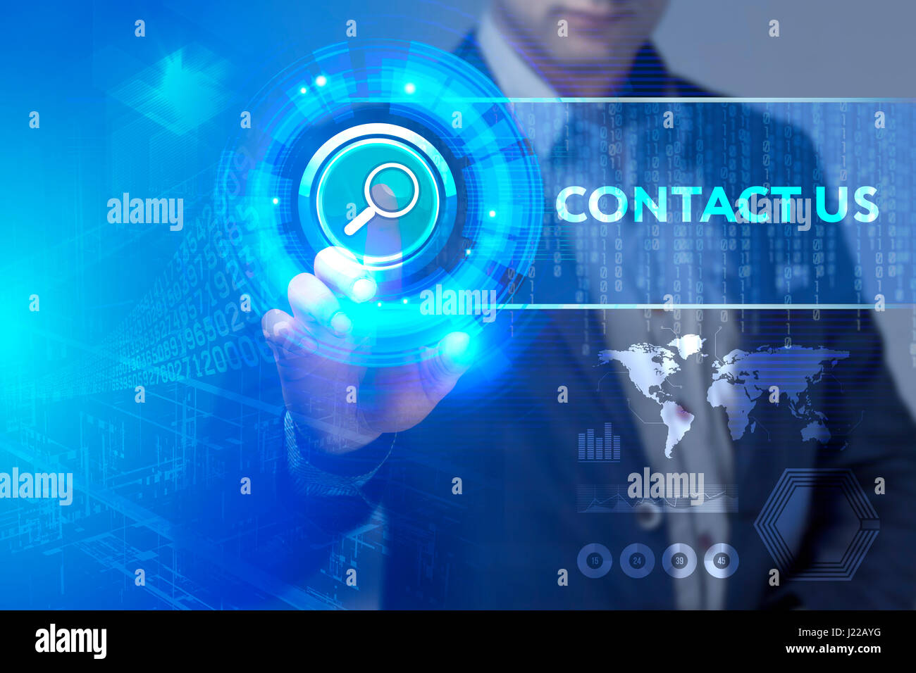 Business, Technology, Internet and network concept. Business man working on the tablet of the future, select on the virtual display: Contact us Stock Photo
