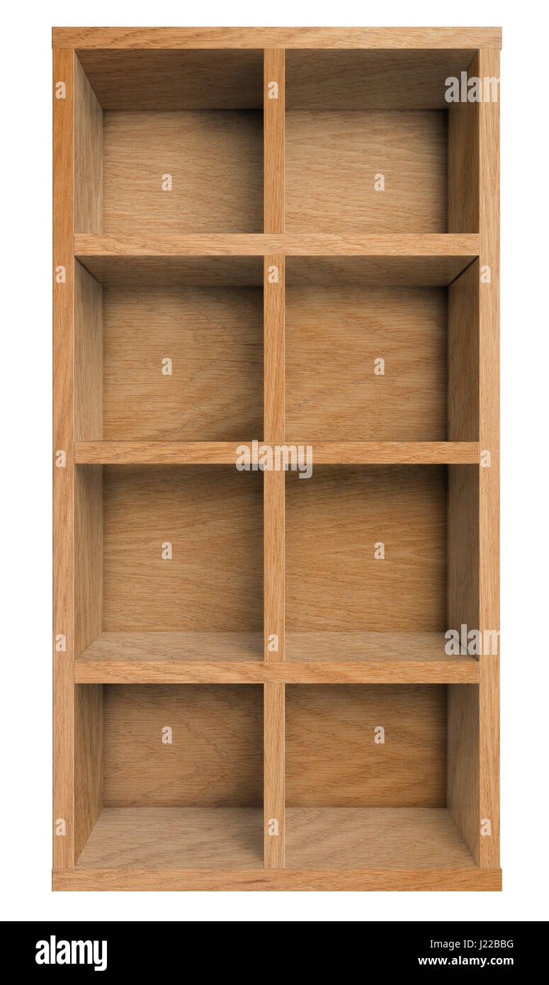 Empty wooden shelf, bookshelf or bookcase isolated on white Stock Photo