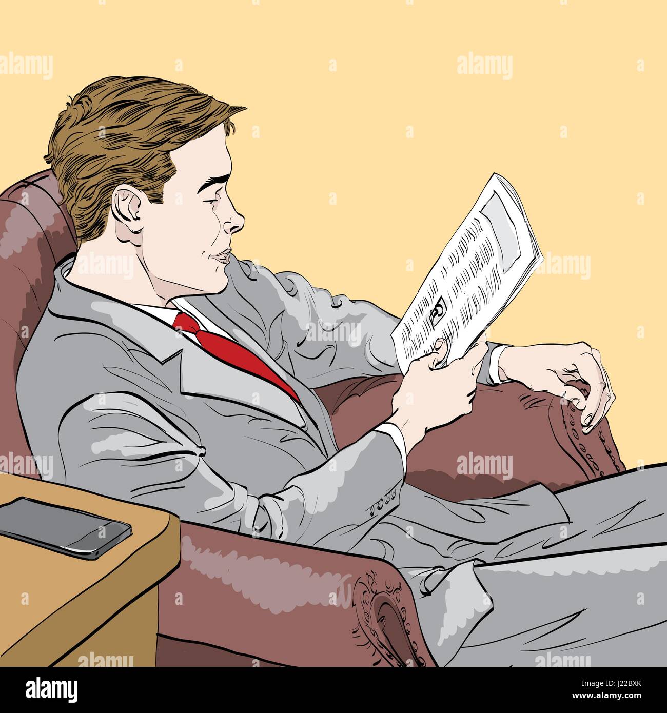 businessman reading a newspaper. Caricature cartoon style hand drawn