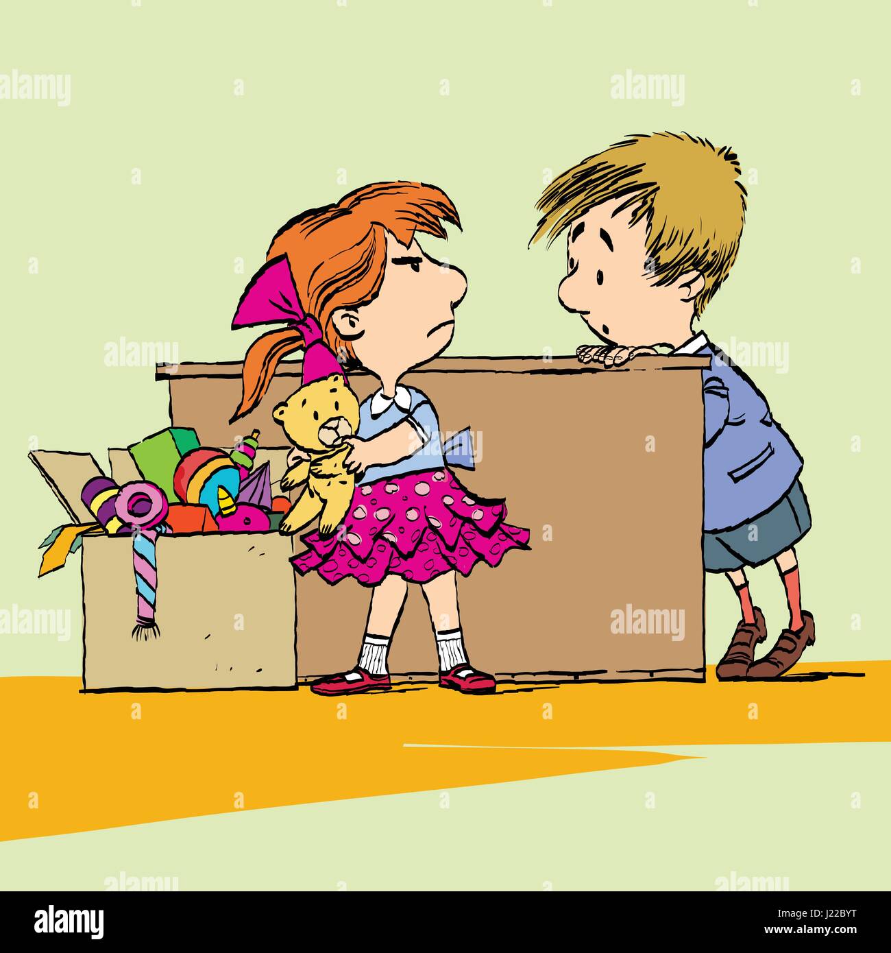 Greedy girl with toy and boy. Caricature cartoon style hand drawn color  illustration Stock Vector Image & Art - Alamy