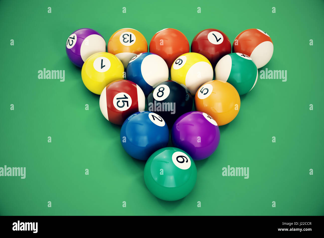 3D illustration Billiard balls arranged in a triangle viewed from above, top view. Snooker, Pool
