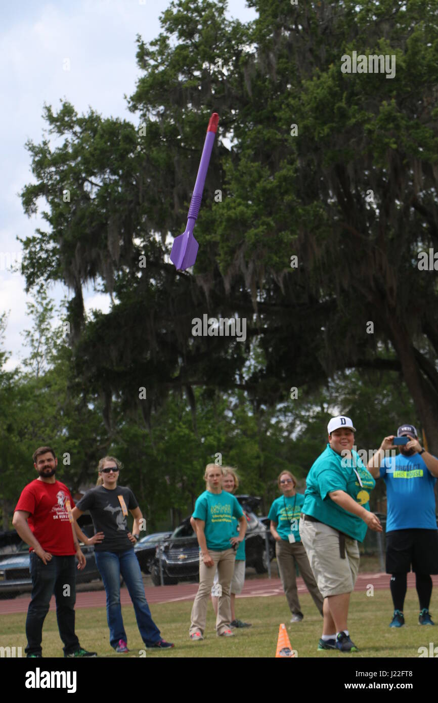 A boy throws a javelin in a competition during this year’s Liberty