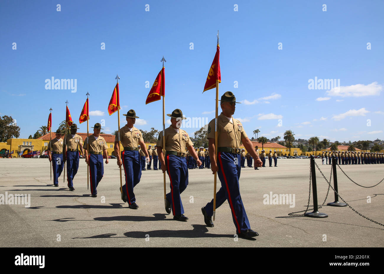 Marines from Golf Company, 2nd Recruit Training Battalion, march as a company for the last time on graduation day at Marine Corps Recruit Depot San Diego, today.   Graduation takes place at the completion of a 13-week transformation including training in drill, marksmanship, basic combat skills and Marine Corps customs and traditions. Annually, more than 17,000 males recruited from the Western Recruiting Region are trained at MCRD San Diego. Stock Photo