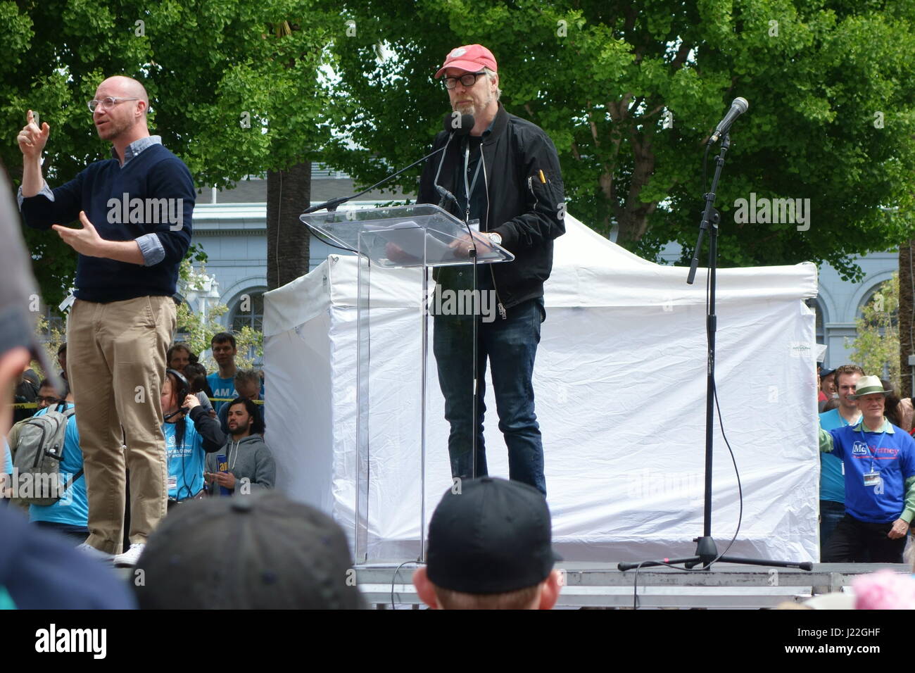 TV Host Adam Savage Speaking at San Francisco March for Science Stock Photo