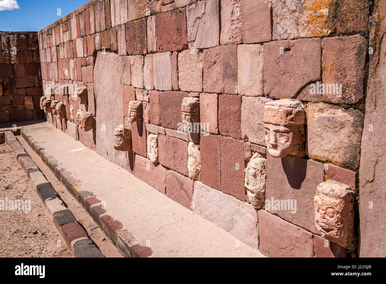 Carved Stone Tenon Heads of Kalasasaya Temple of Tiwanaku (Tiahuanaco) culture - La Paz Bolivia Stock Photo