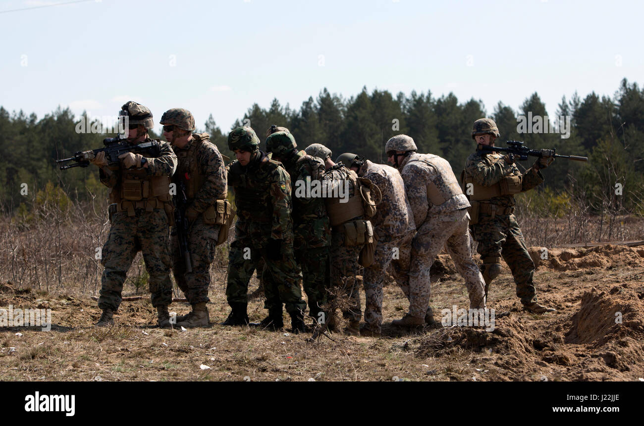 U.S. Marines with Black Sea Rotational Force 17.1 and NATO Allies stack up while participate in breach training during Exercise Summer Shield aboard Adazi Military Base, Latvia, April 20, 2017. Exercise Summer Shield is a multinational NATO exercise. (U.S. Marine Corps photo by Sgt. Patricia A. Morris) Stock Photo