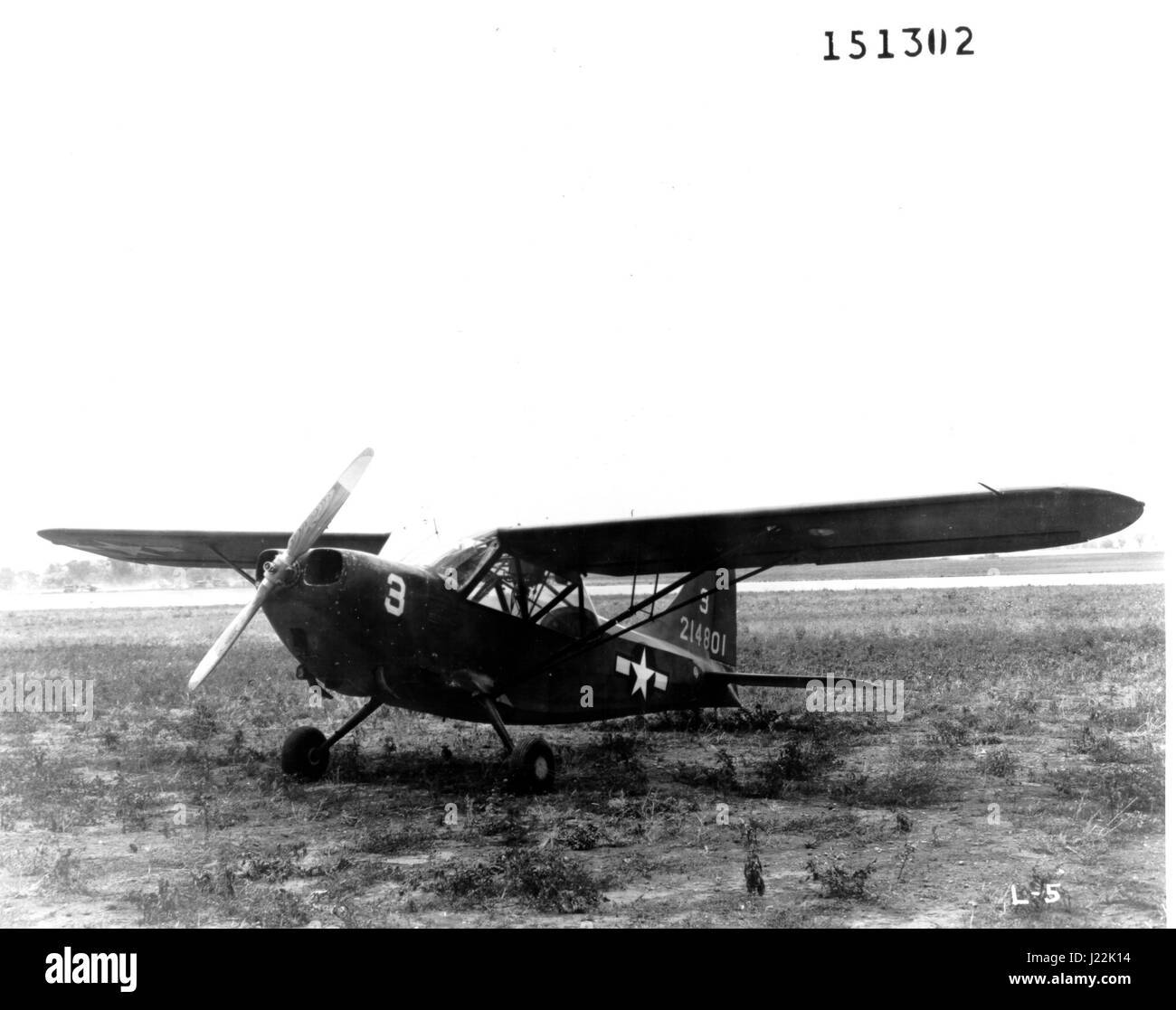 A Stinson L-5 Sentinel liaison aircraft shown on the ground at Tinker Air Force Base, Oklahoma in this undated photo. Photo courtesy of the Tinker Air Force Base History Office. Stock Photo