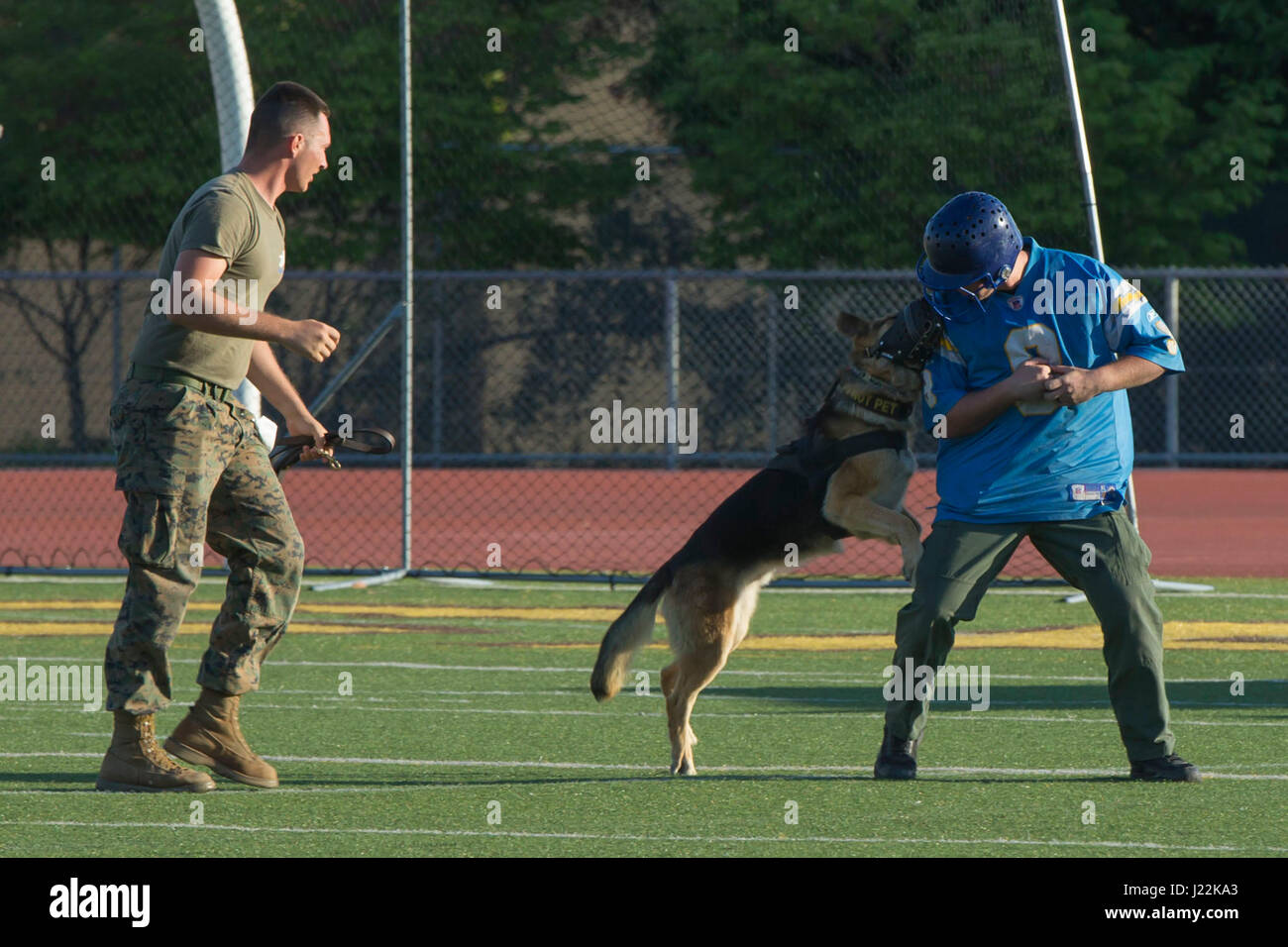 U.S. Marine Corps Lance Cpl. John Ball, left, Provost Marshal Office, calls off his canine, Baz, after a training event at the 1st Annual City of Oceanside Public Safety Fair at El Camino High School football field in Oceanside, Calif., April 22, 2017. (U.S. Marine Corps photo by Lance Cpl. Brooke Woods) Stock Photo