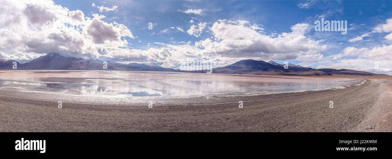 Panoramic view of Laguna Colorada (Red Lagoon) in Bolivean altiplano - Potosi Department, Bolivia Stock Photo
