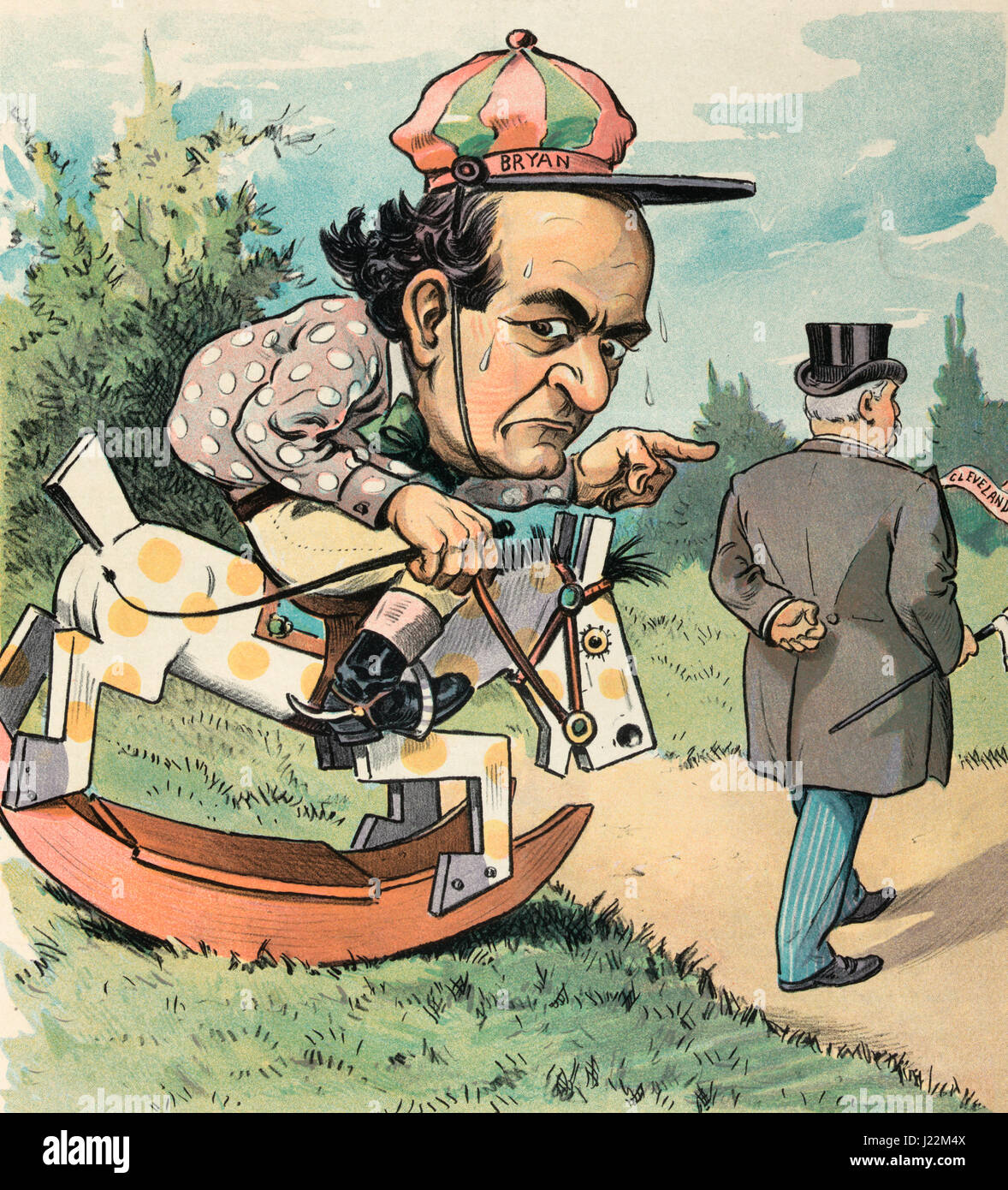 Bryan's hobby -  Illustration shows William Jennings Bryan as a horse racing jockey sitting on a rocking horse trying to catch Grover Cleveland, who is walking away from him on the right.  'I'll run that man down, if I have to kill the horse.' Political Cartoon, 1903 Stock Photo