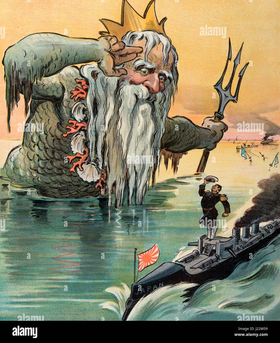 The old salt salutes - Illustration shows Neptune, the Roman god of the sea, saluting a Japanese admiral on a gunboat, in the background are the ruins of a Russian naval fleet.  Political cartoon during the Russo - Japanese War Stock Photo