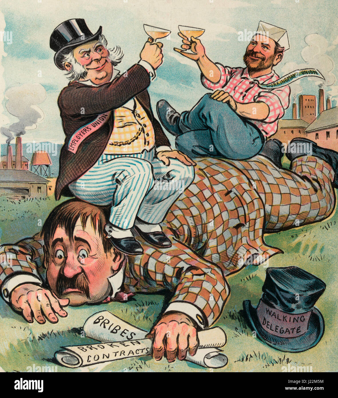In unions there is strength! Illustration shows a man labeled 'Employer's Union' and a man labeled 'Workingman's Union' drinking a toast while sitting on the back of a man sprawled on the ground, clutching papers labeled 'Bribes' and 'Broken Contracts', his hat nearby is labeled 'Walking Delegate'. There are factories in the background. Political Cartoon, 1903 Stock Photo